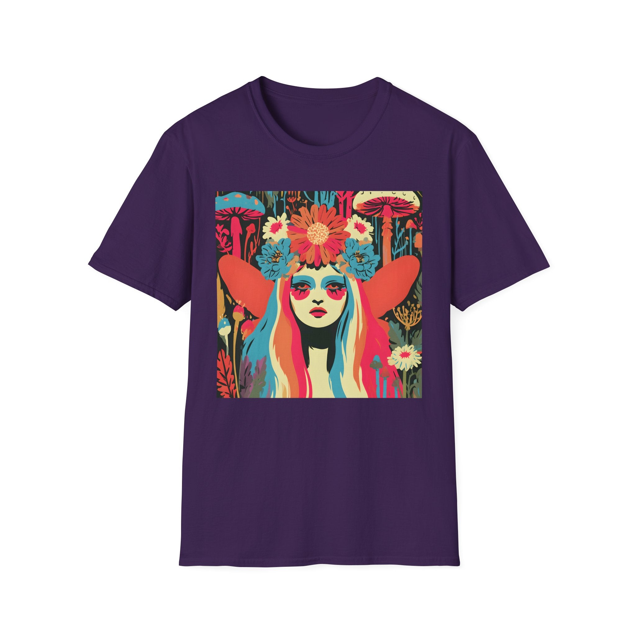 Flower Crown Psychedelic Fairy Girl T-Shirt | Retro Mushroom Art, Boho Portrait