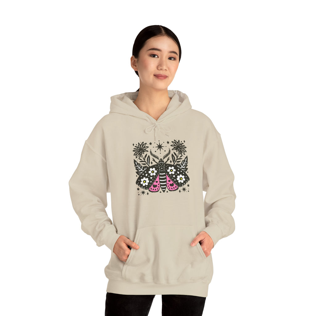 Retro Floral Moth Hoodie — Boho Night Garden Sweatshirt
