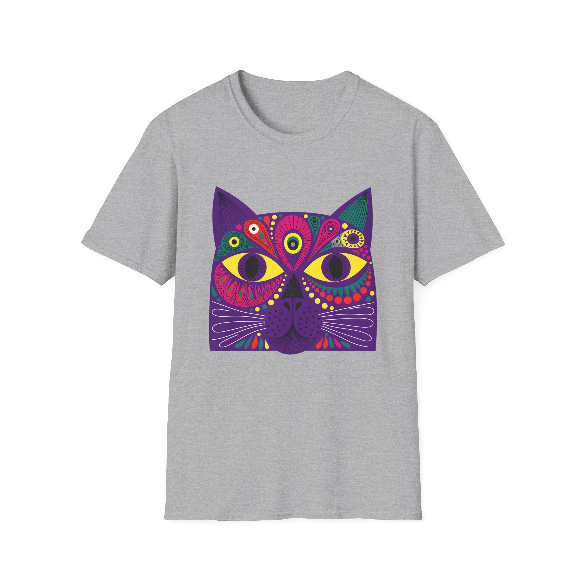 Psychedelic Colorful Cat Face T-Shirt | Vibrant Boho Cat Tee