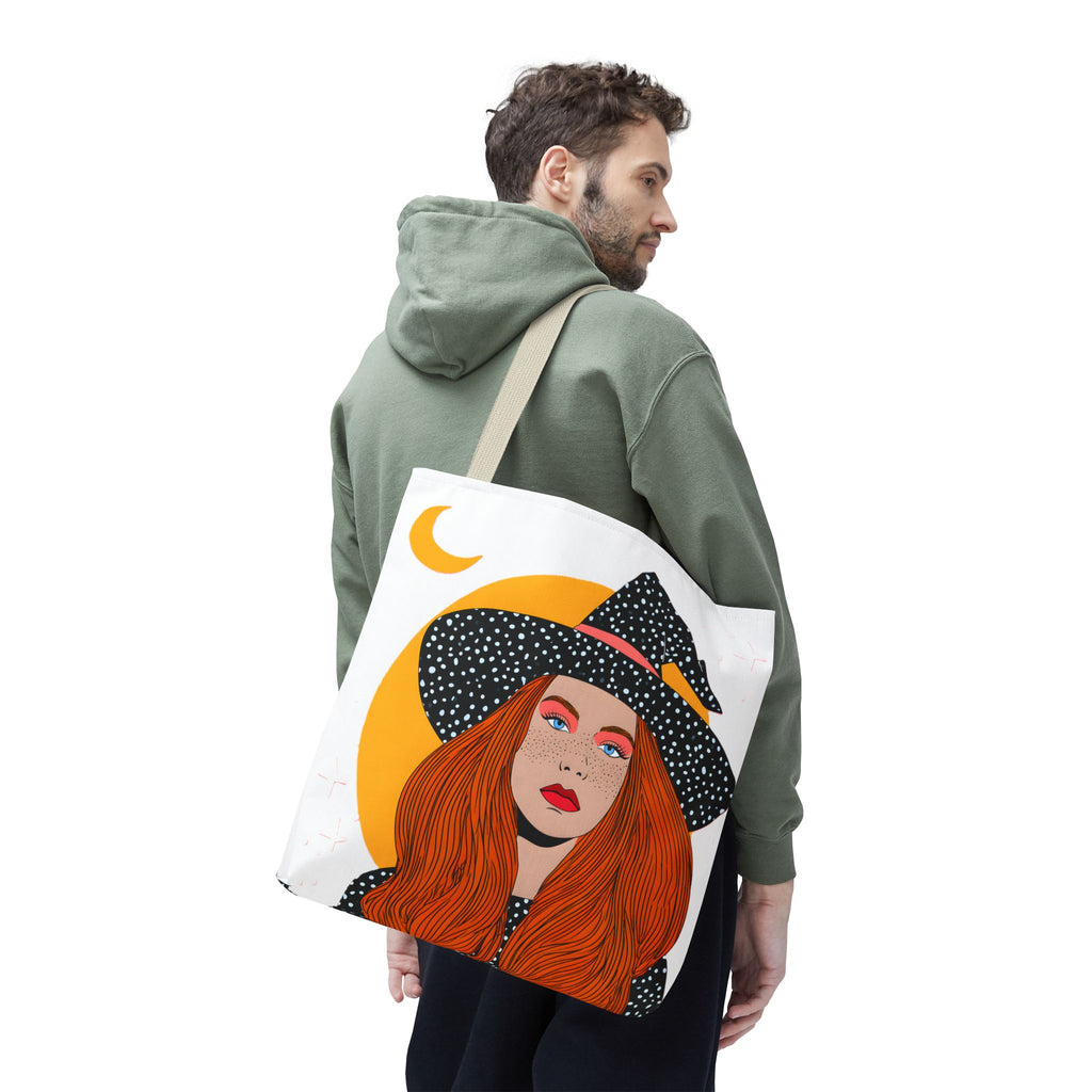 Redheaded Witch Illustration Tote Bag | Crescent Moon, Polka Dot Hat