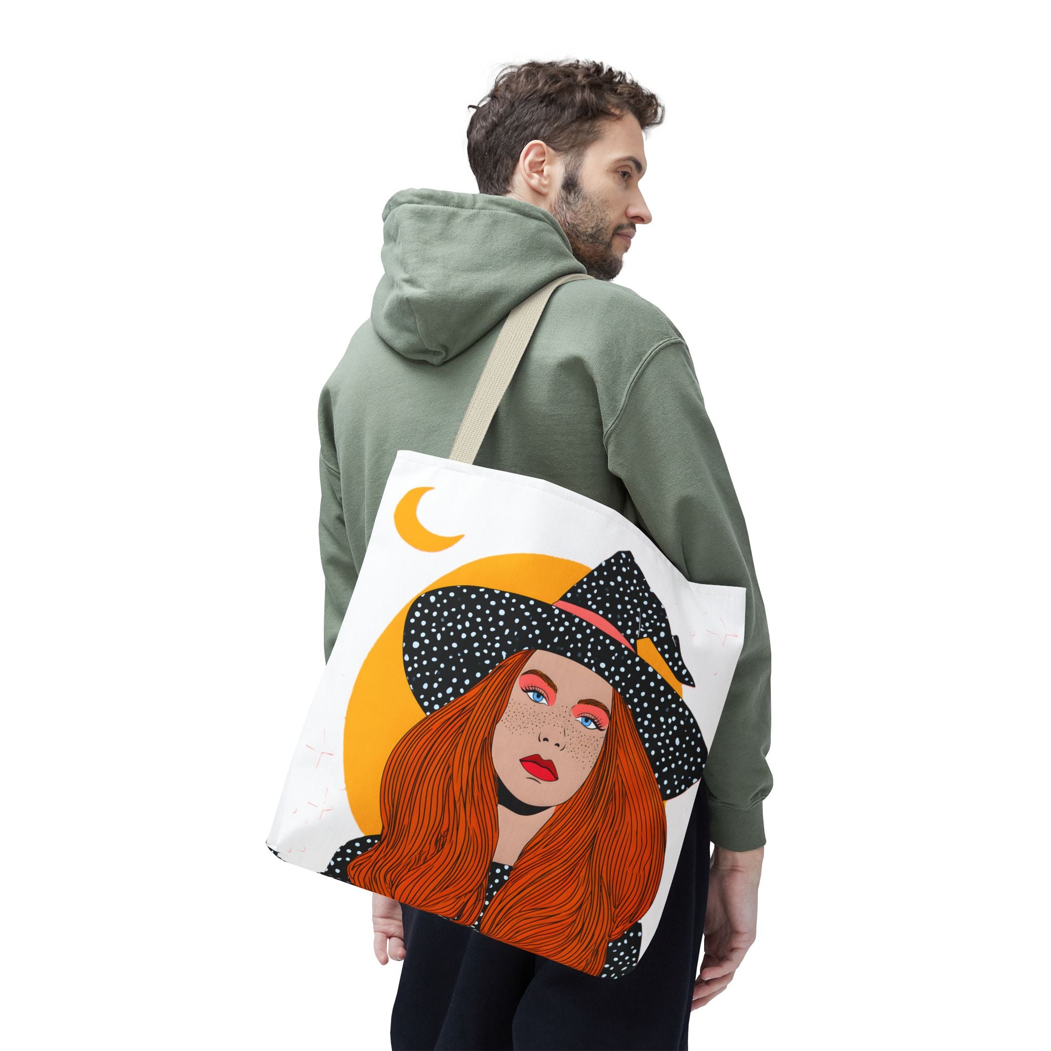 Redheaded Witch Illustration Tote Bag | Crescent Moon, Polka Dot Hat