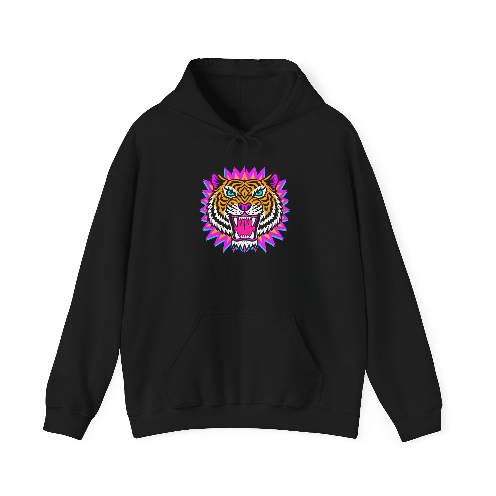 Neon Roaring Tiger Hoodie — Retro Vibrant Tiger Head Graphic