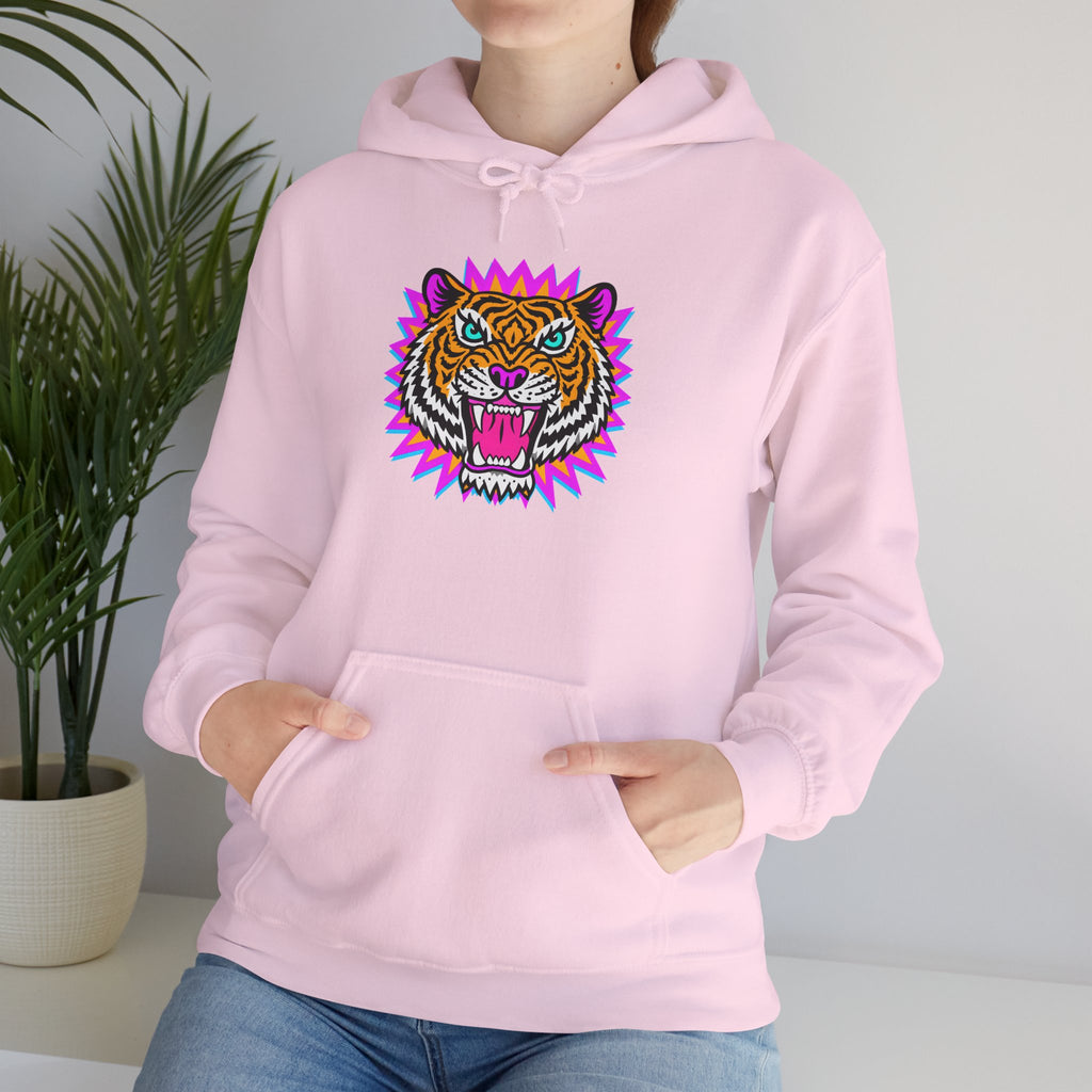 Neon Roaring Tiger Hoodie — Retro Vibrant Tiger Head Graphic