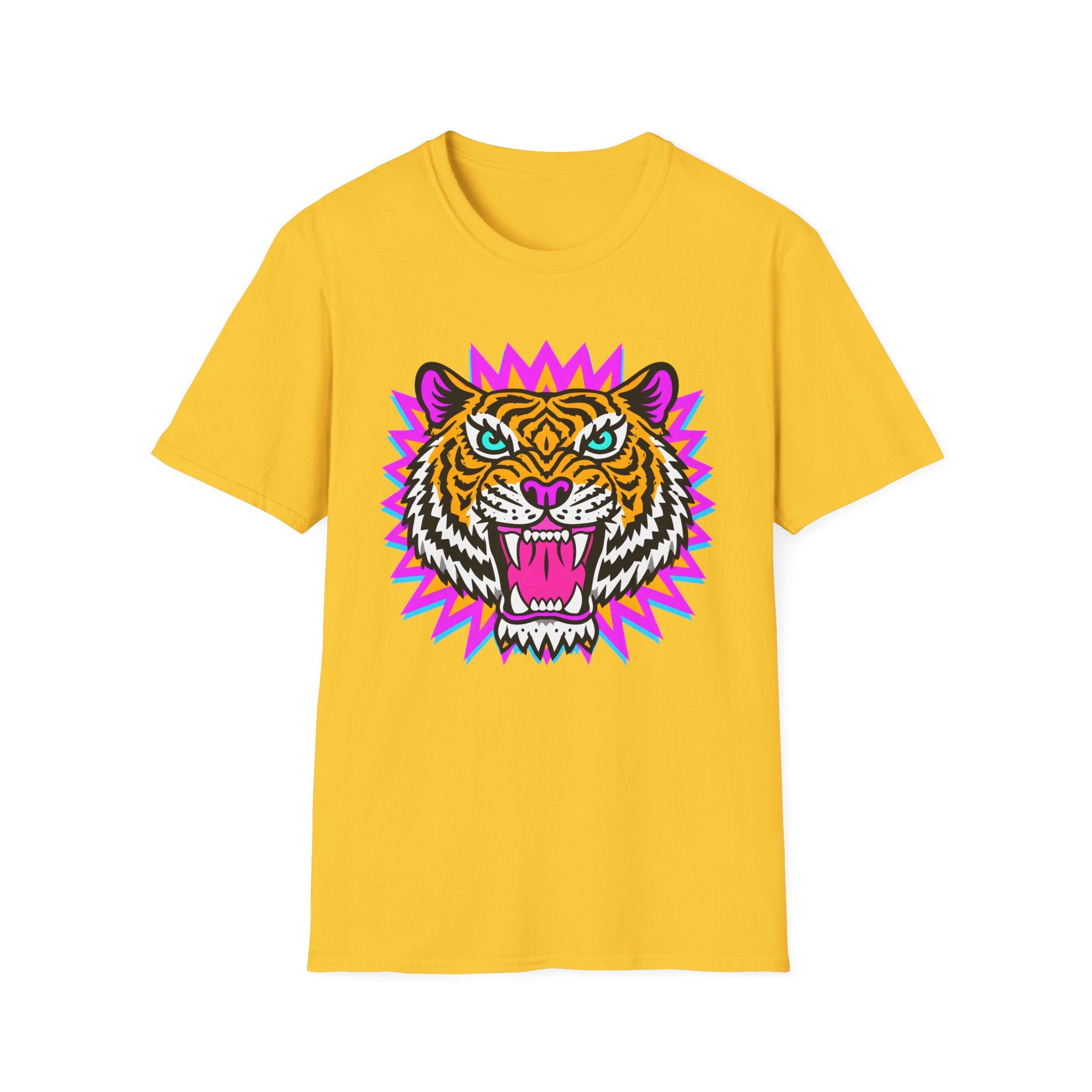 Neon Pop Tiger Head T-Shirt | Retro Tribal Cat Tee