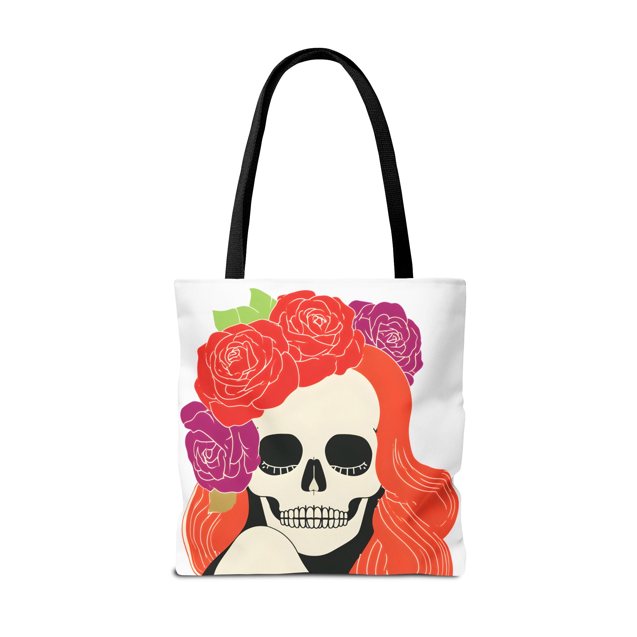 Floral Skull with Red Hair Tote Bag | Day of the Dead Illustration