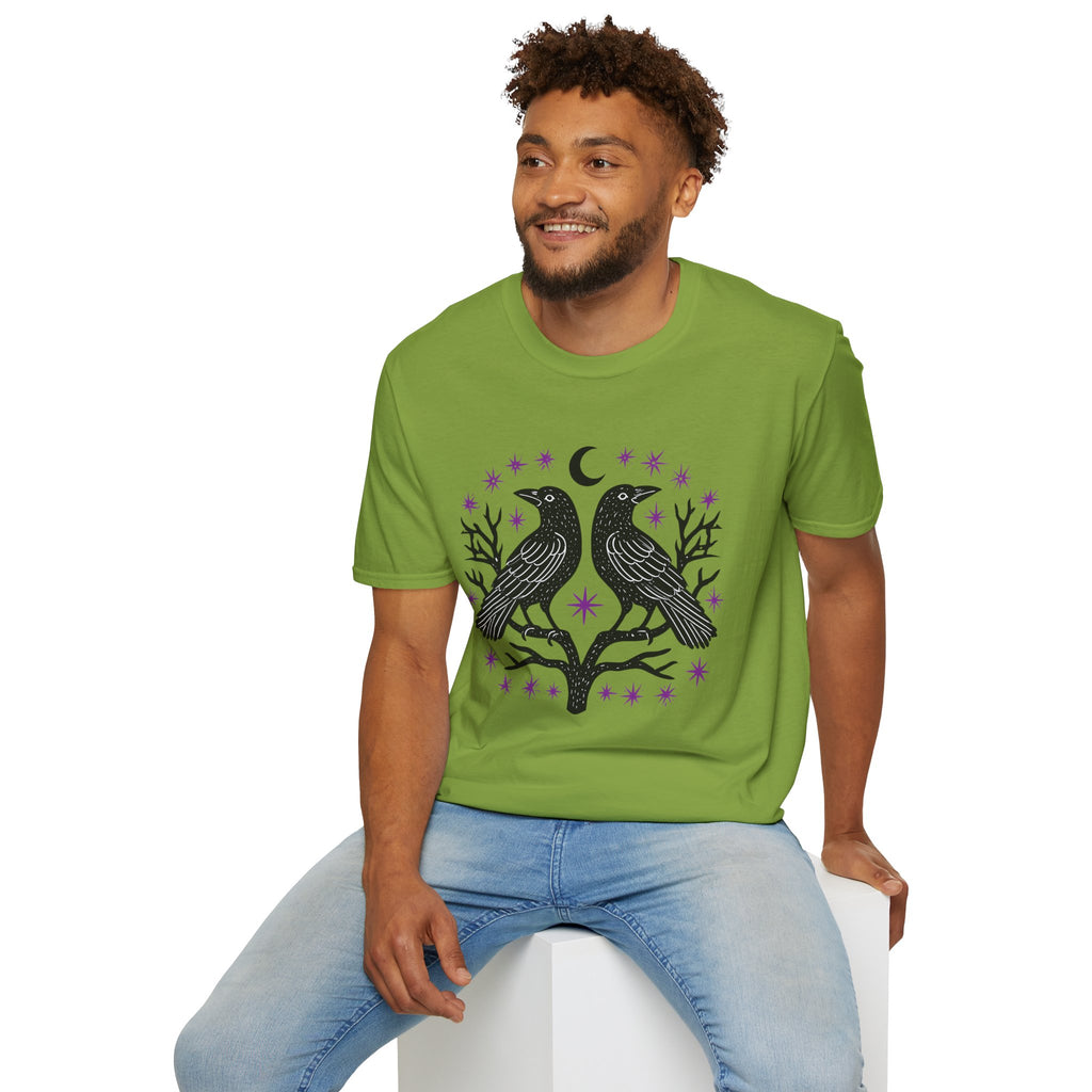 Twin Ravens Moon T-Shirt | Gothic Crescent Crow Illustration