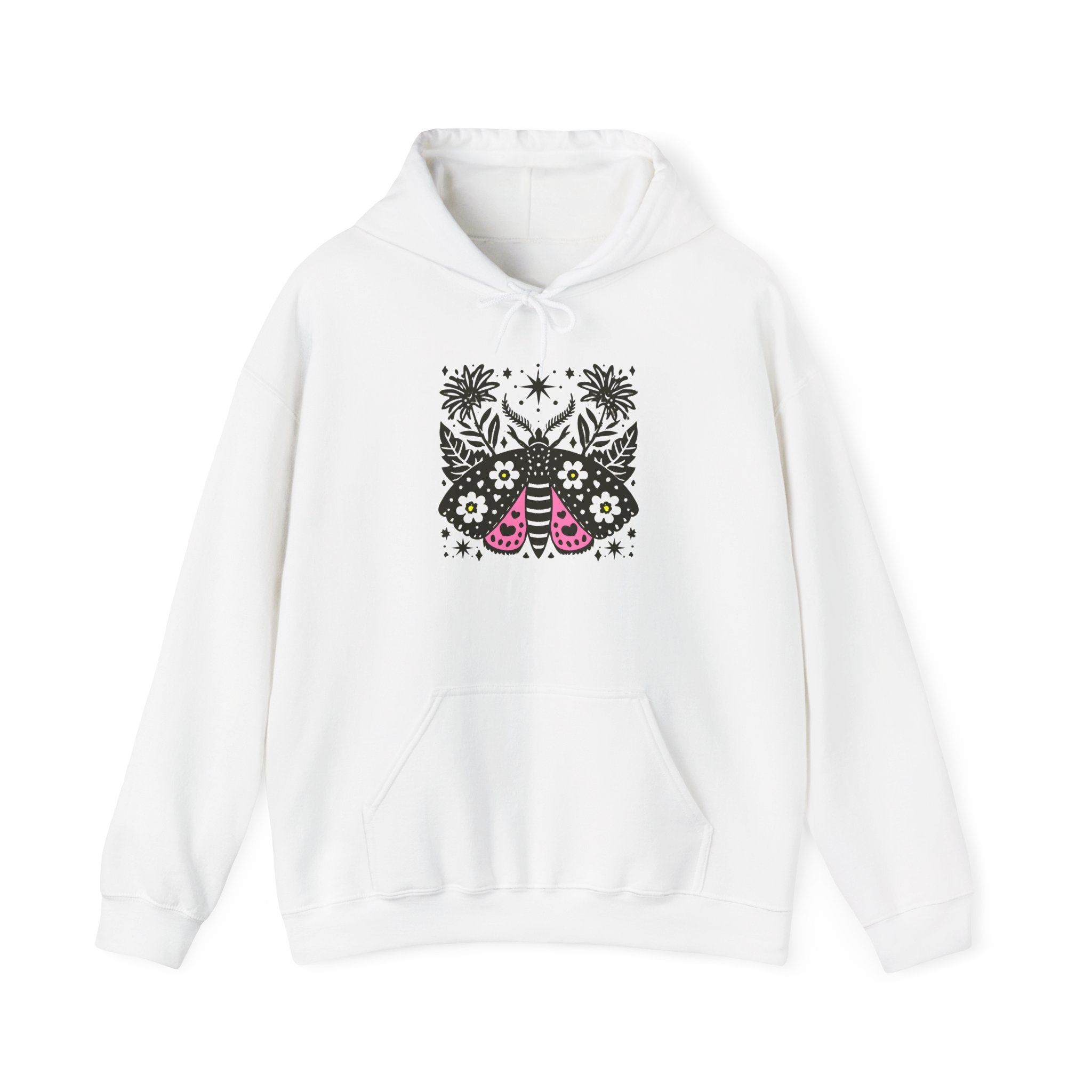 Retro Floral Moth Hoodie — Boho Night Garden Sweatshirt