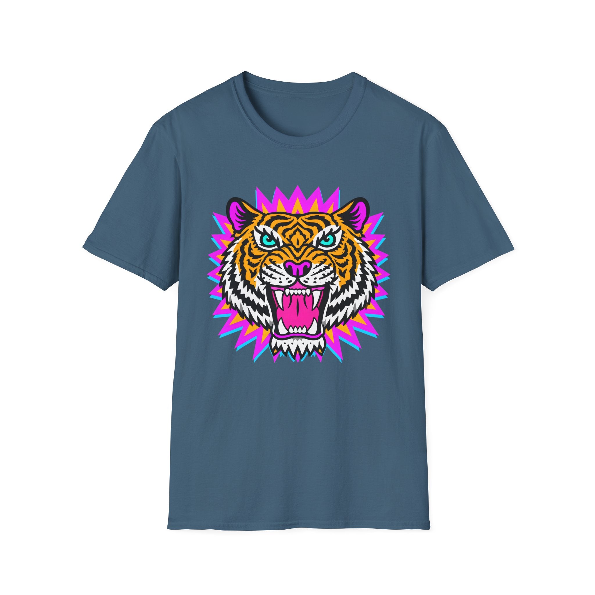 Neon Pop Tiger Head T-Shirt | Retro Tribal Cat Tee