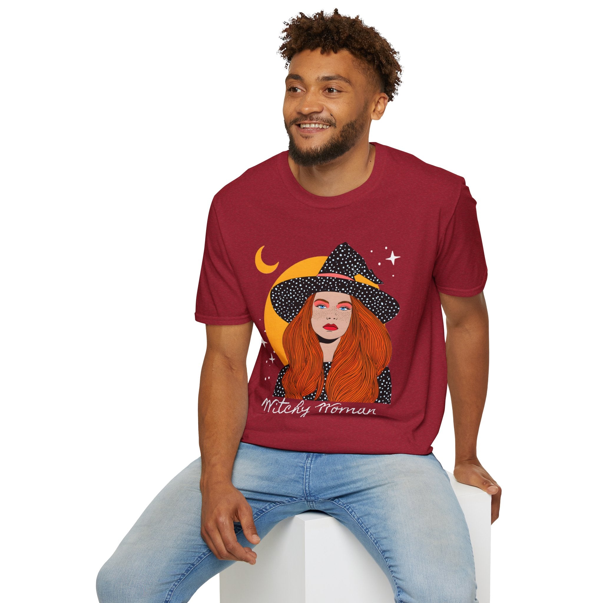 Redheaded Witch Illustration T-Shirt | Crescent Moon, Starry Hat, 'Witchy Woman'