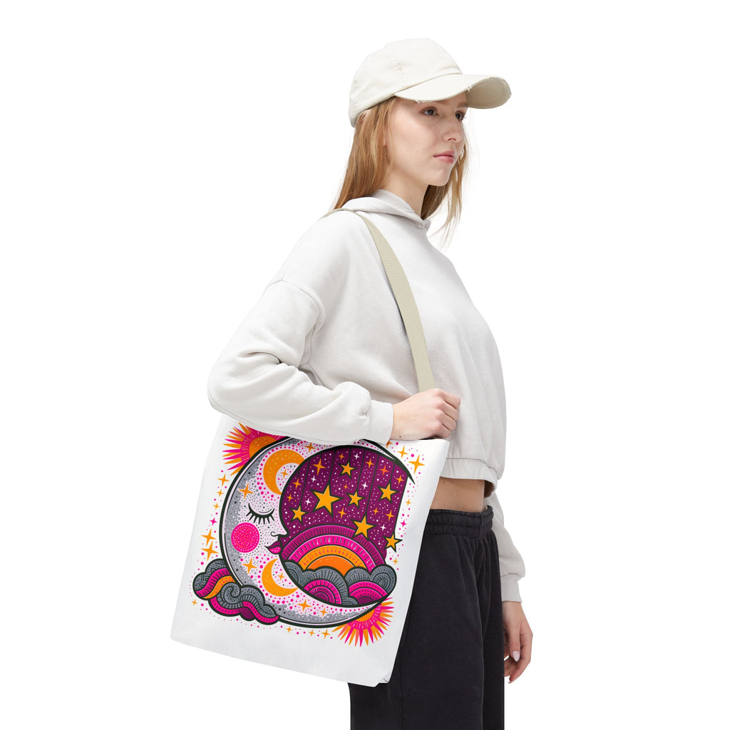 Psychedelic Moon and Stars Tote Bag | Colorful Retro Celestial Design