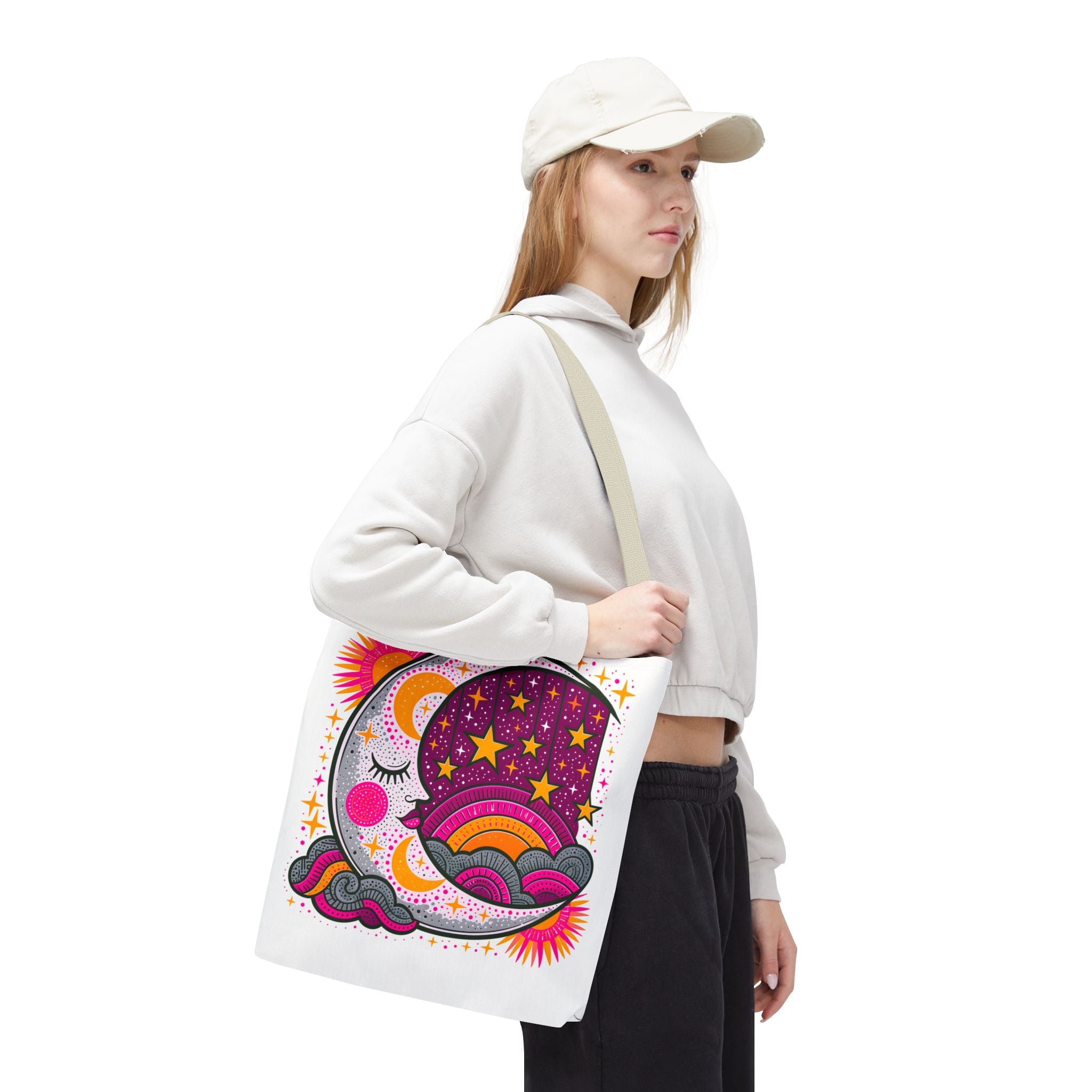 Psychedelic Moon and Stars Tote Bag | Colorful Retro Celestial Design