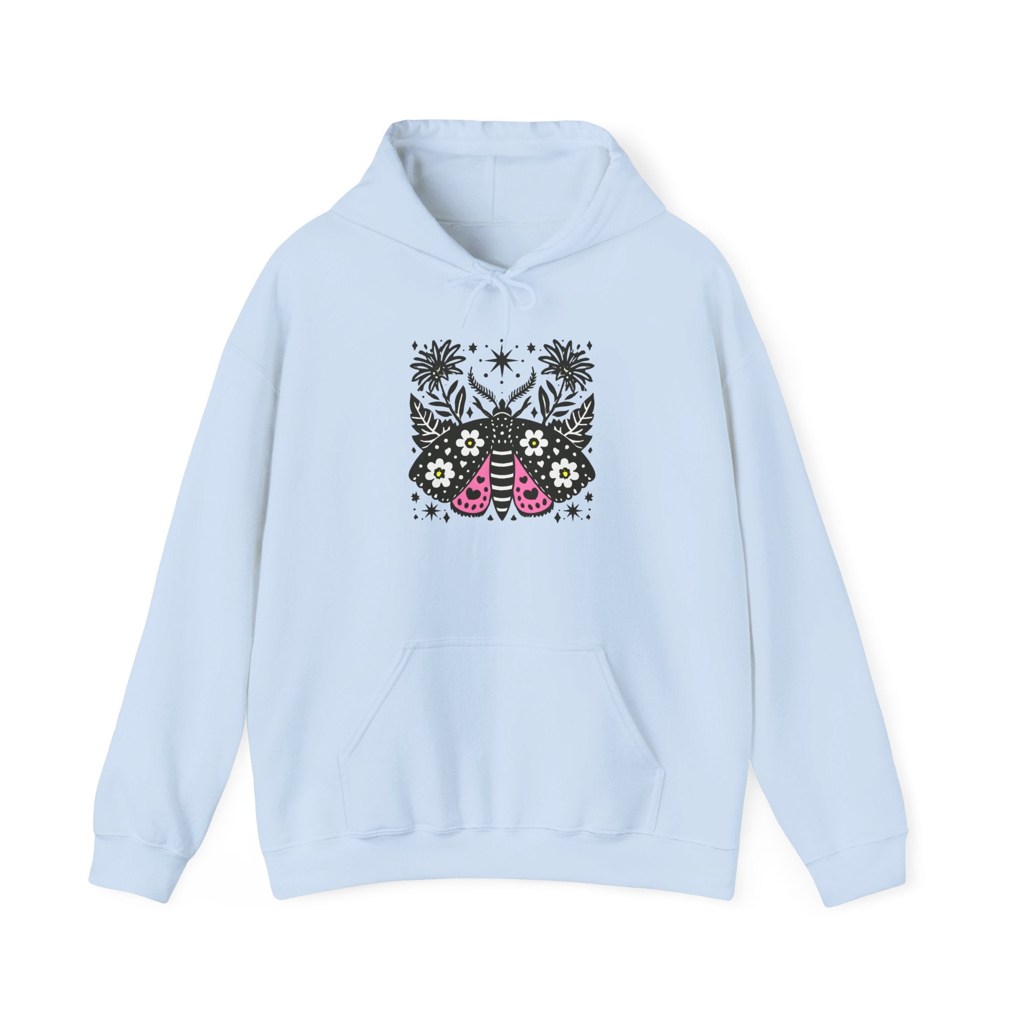 Retro Floral Moth Hoodie — Boho Night Garden Sweatshirt