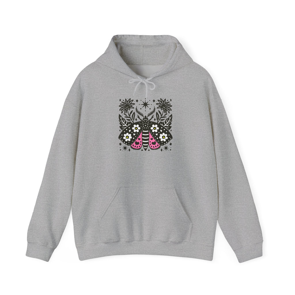 Retro Floral Moth Hoodie — Boho Night Garden Sweatshirt
