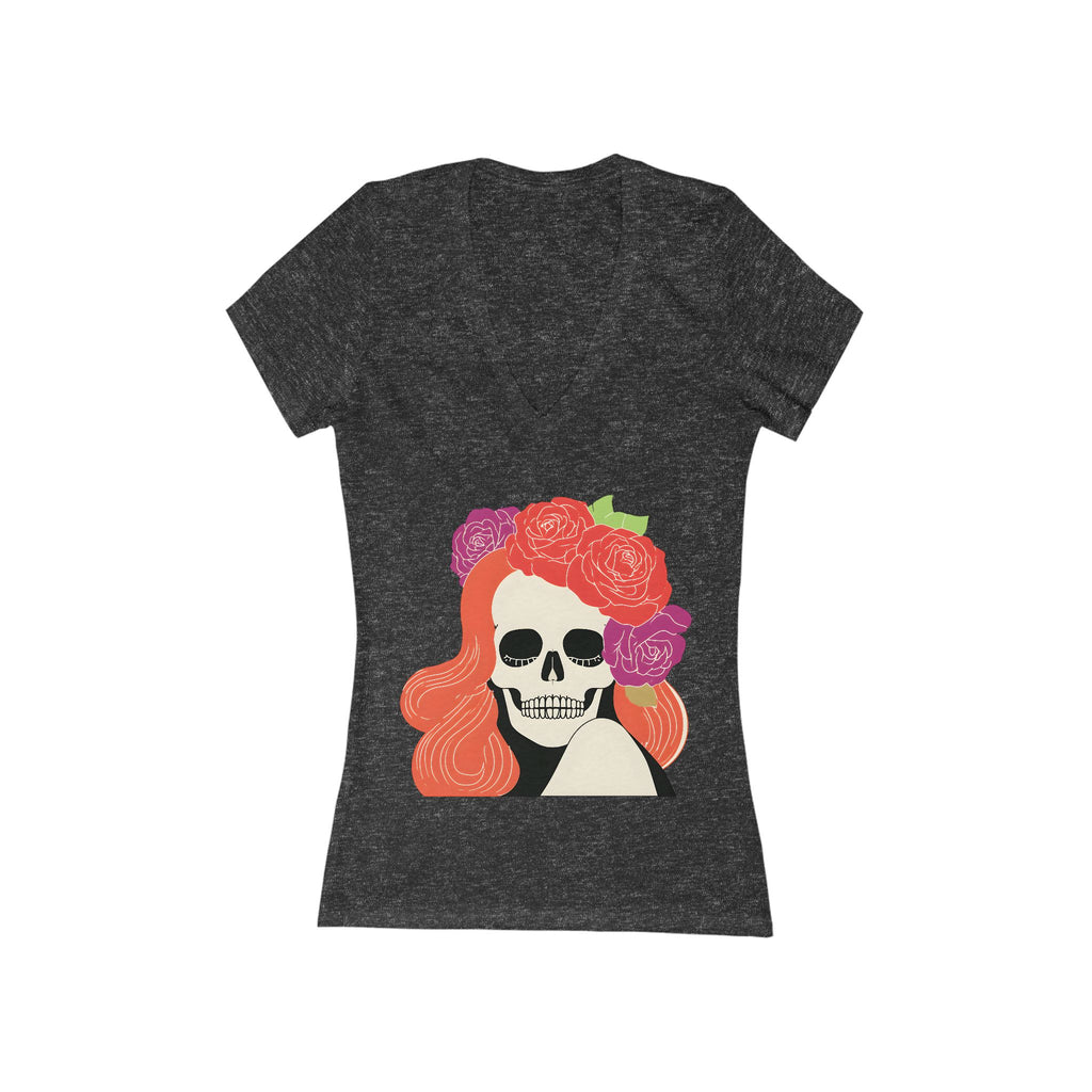 Floral Skull Woman V-Neck Tee | Day of the Dead Rose Skull T-Shirt