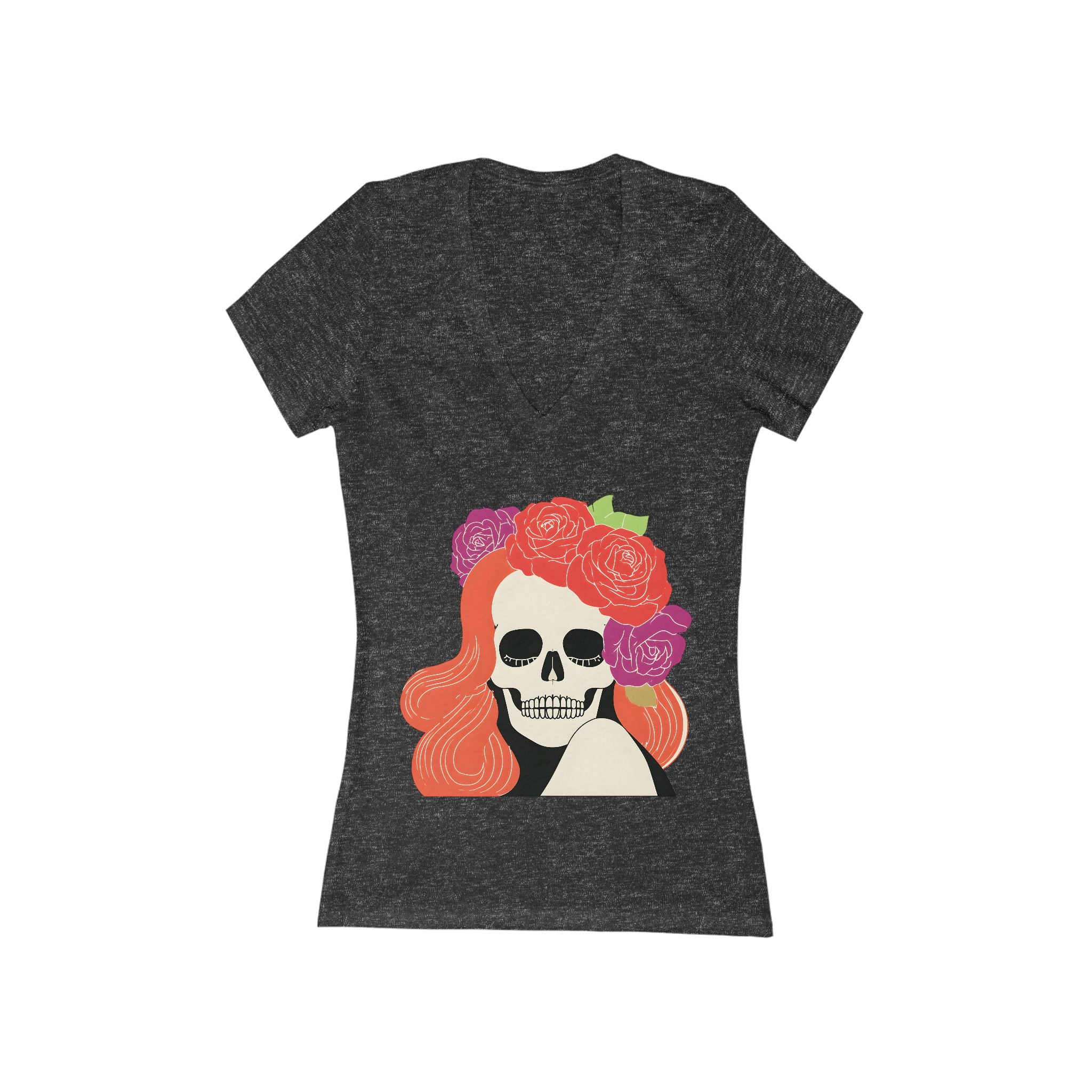Floral Skull Woman V-Neck Tee | Day of the Dead Rose Skull T-Shirt