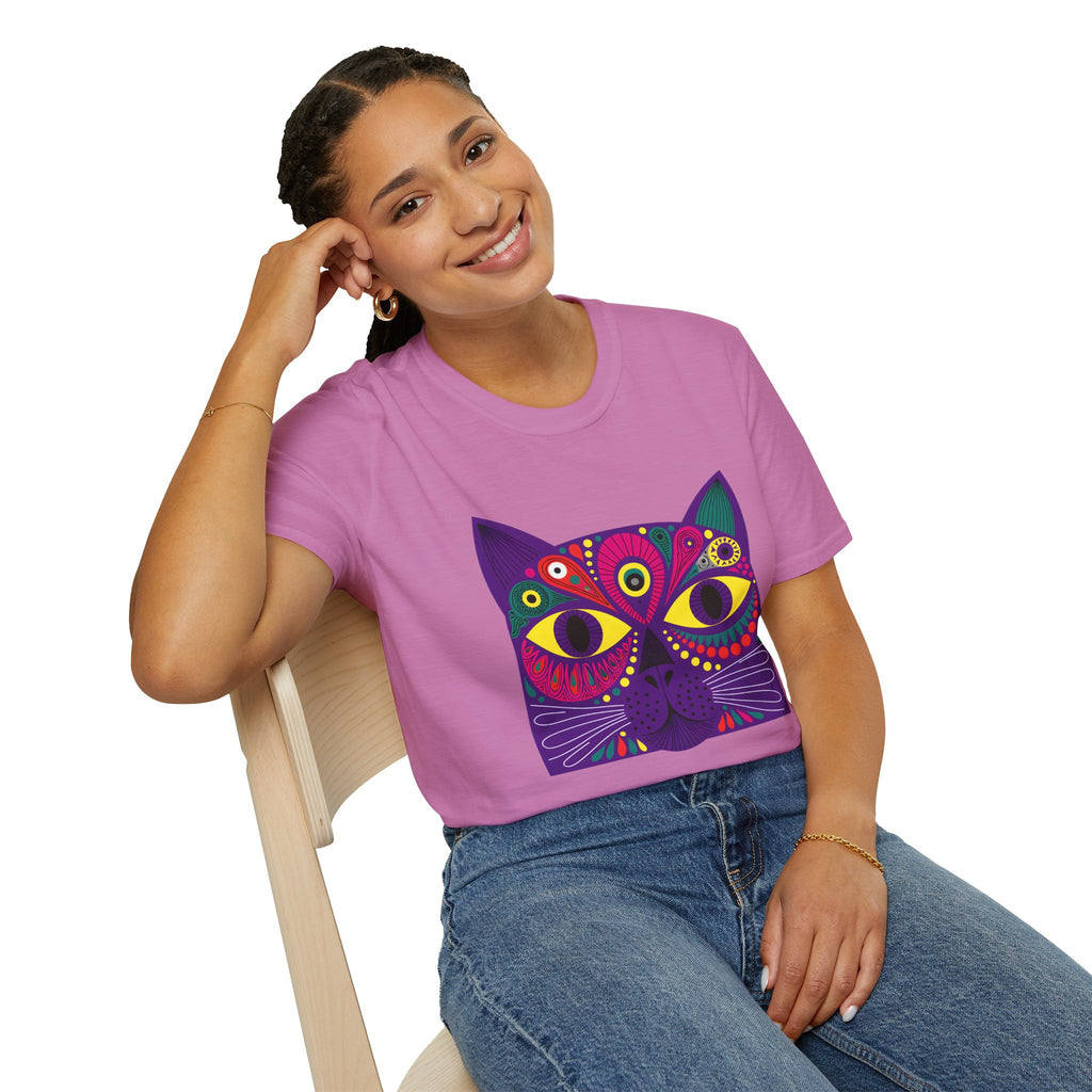 Psychedelic Colorful Cat Face T-Shirt | Vibrant Boho Cat Tee