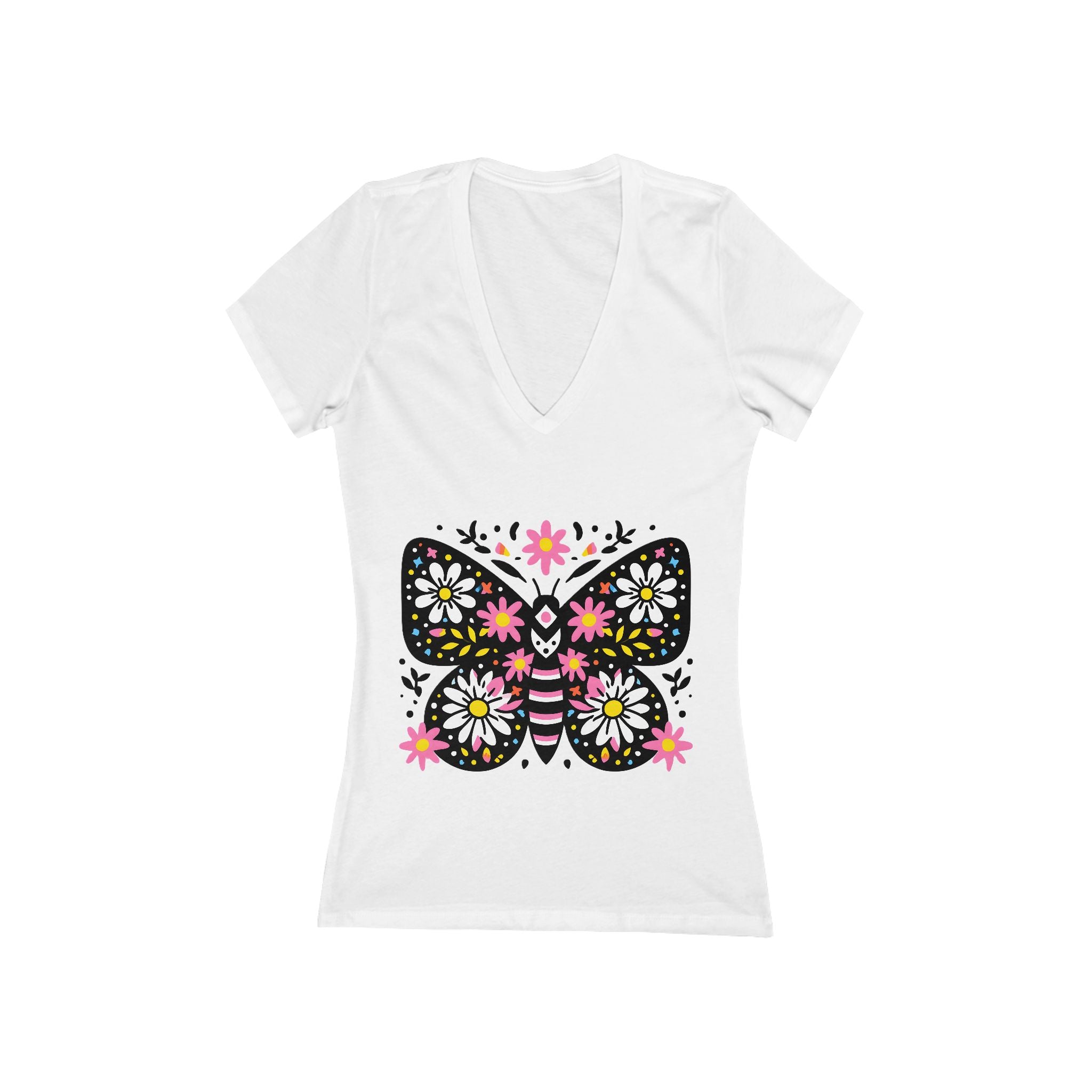 Floral Folk Art Butterfly Tee | Deep V-Neck Shirt