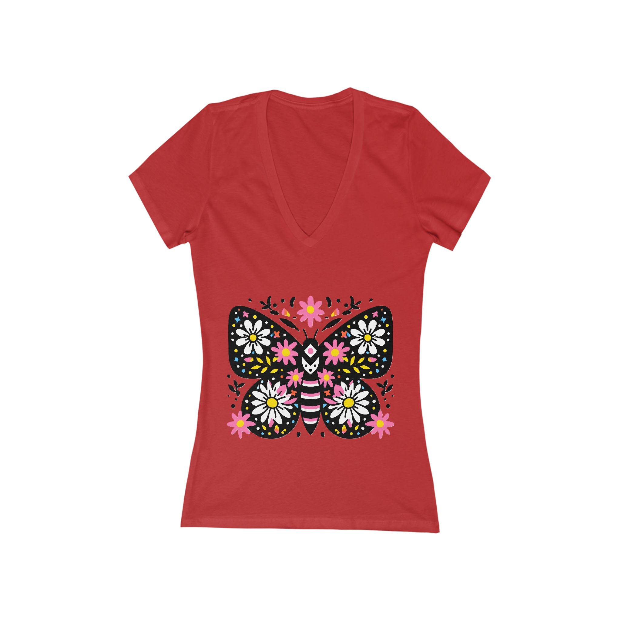 Floral Folk Art Butterfly Tee | Deep V-Neck Shirt