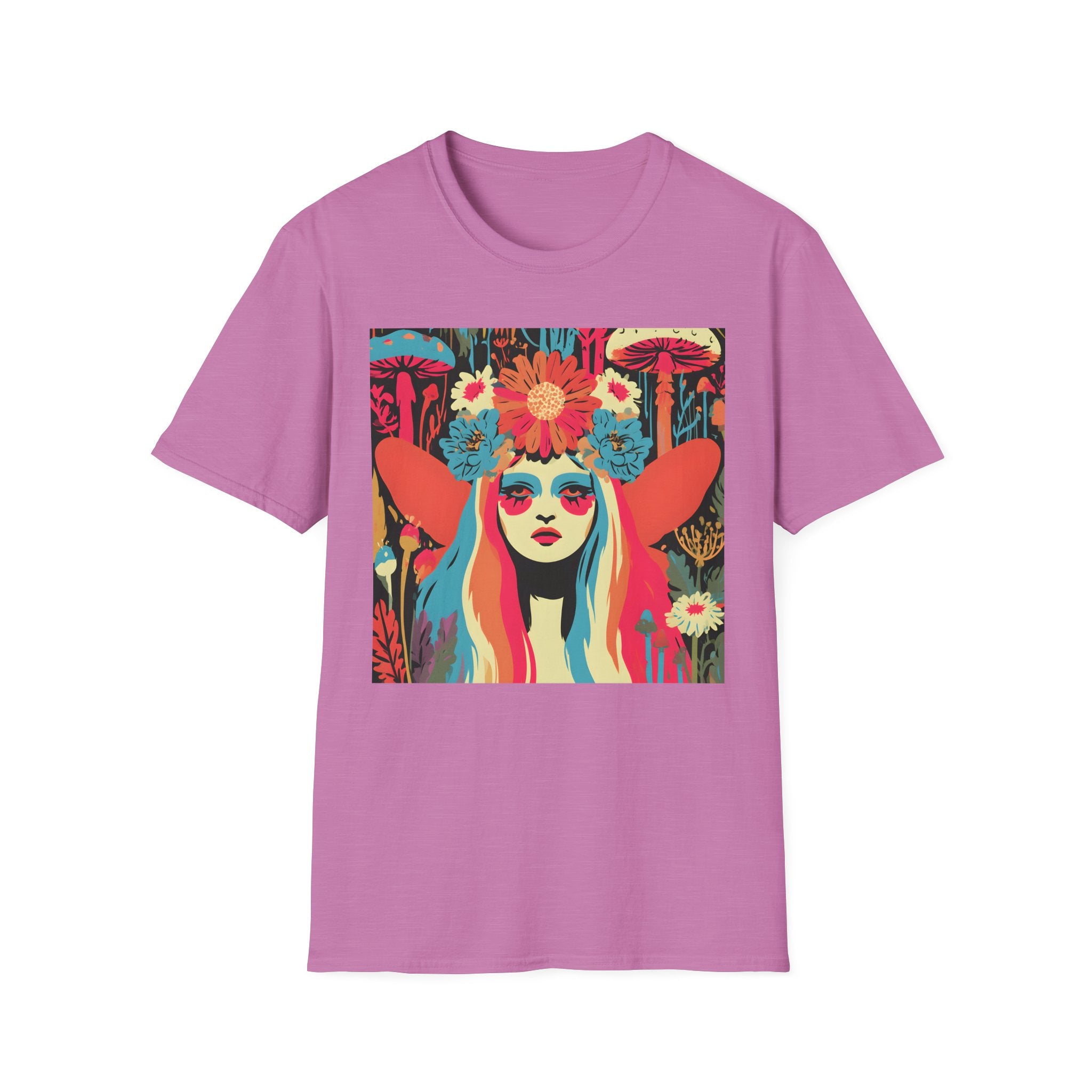 Flower Crown Psychedelic Fairy Girl T-Shirt | Retro Mushroom Art, Boho Portrait
