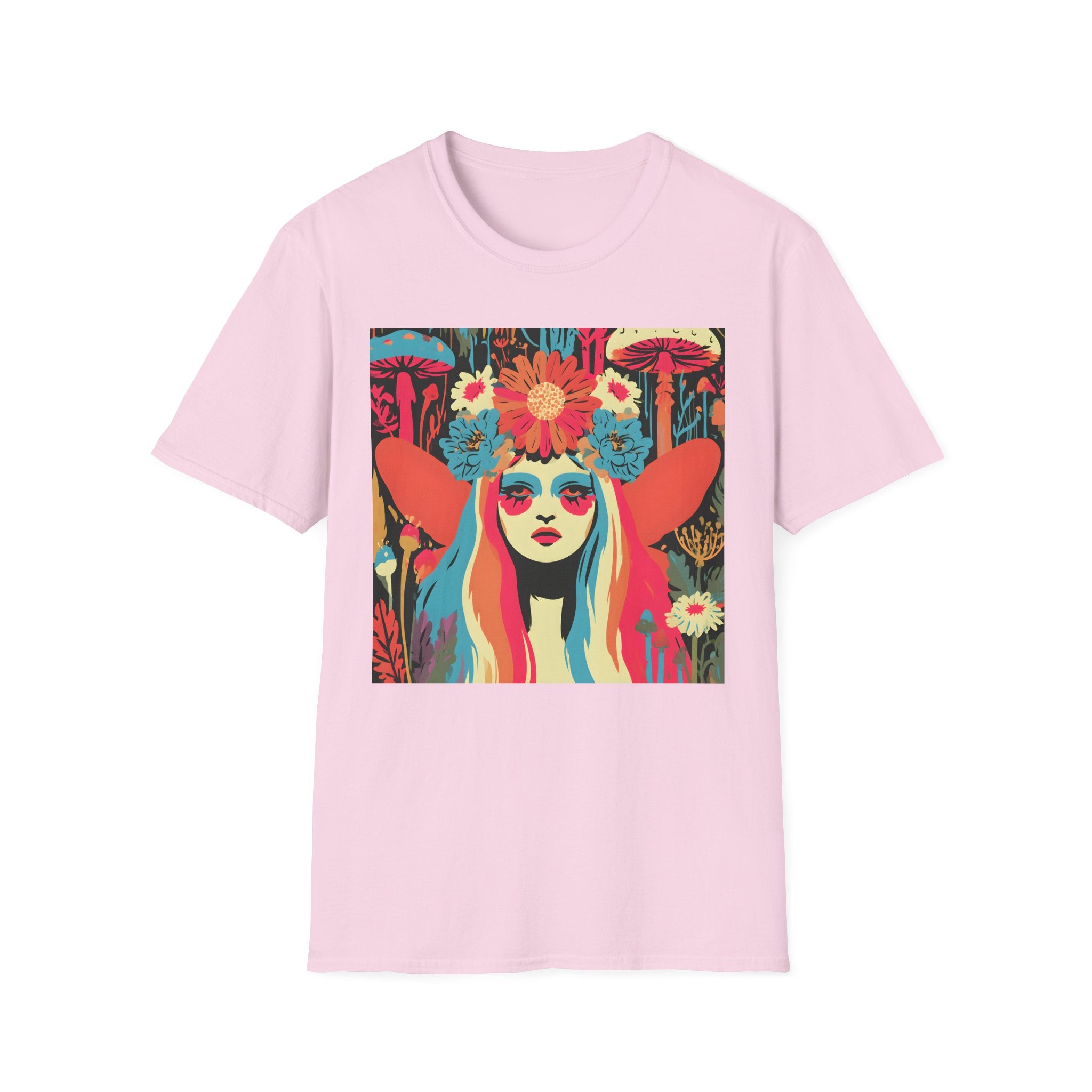 Flower Crown Psychedelic Fairy Girl T-Shirt | Retro Mushroom Art, Boho Portrait