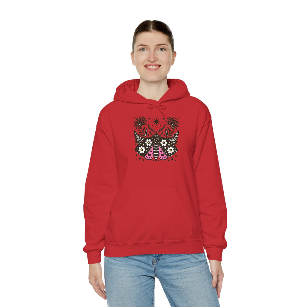 Retro Floral Moth Hoodie — Boho Night Garden Sweatshirt