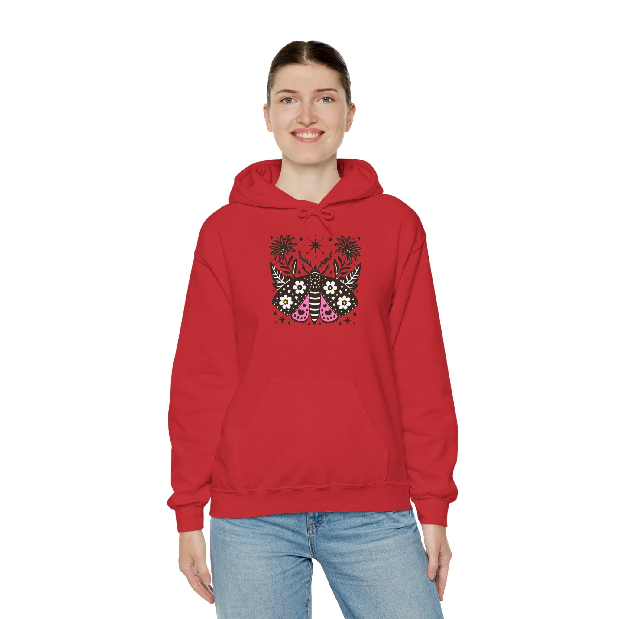 Retro Floral Moth Hoodie — Boho Night Garden Sweatshirt