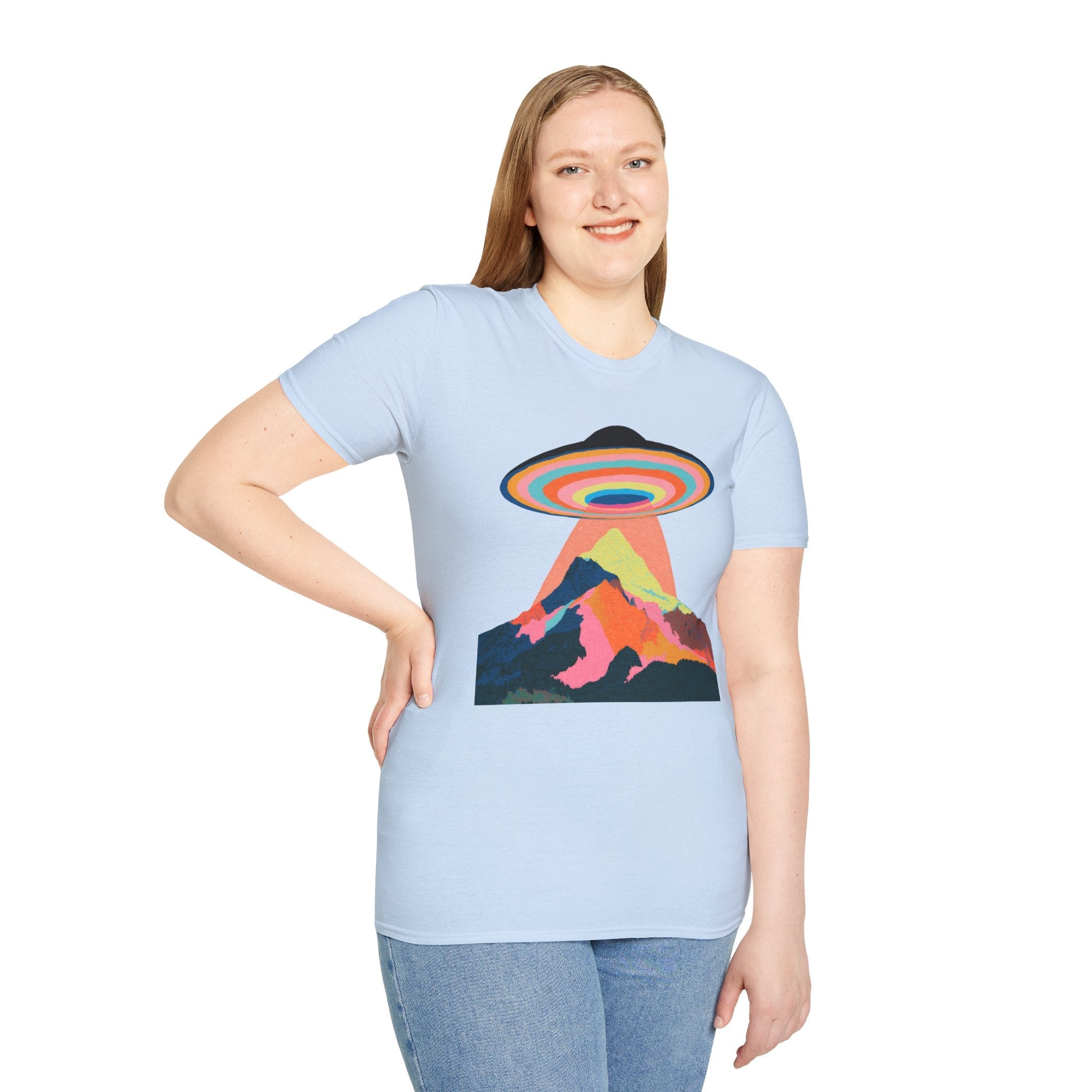Psychedelic UFO Mountain T-Shirt — Retro Rainbow Alien Abduction Tee Printify