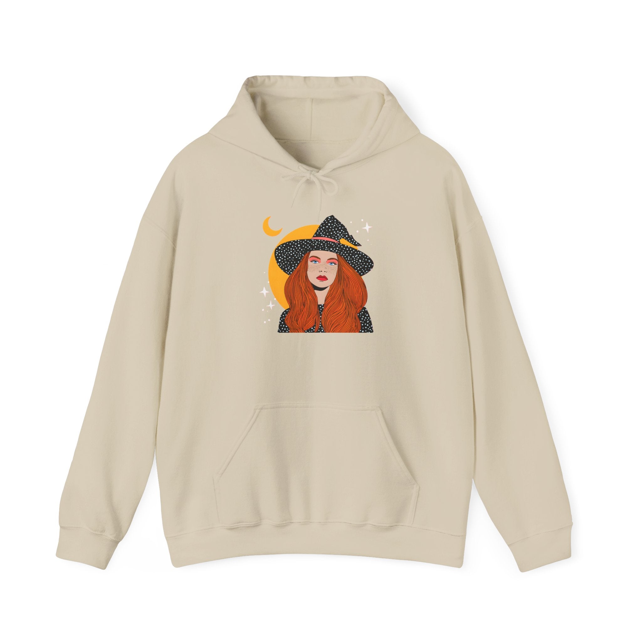 Witchy Redhead Hoodie — Crescent Moon Witch Graphic Sweatshirt