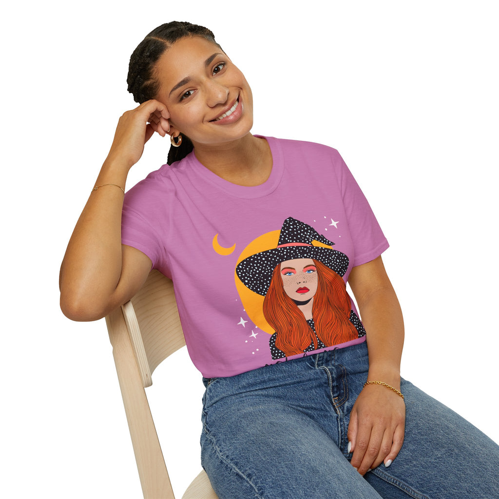 Redheaded Witch Illustration T-Shirt | Crescent Moon, Starry Hat, 'Witchy Woman'