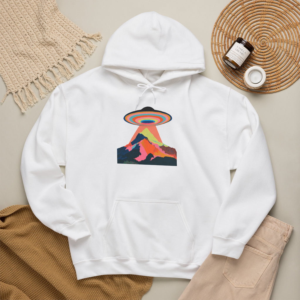 UFO Mountain Hoodie — Retro Rainbow Alien Abduction Graphic