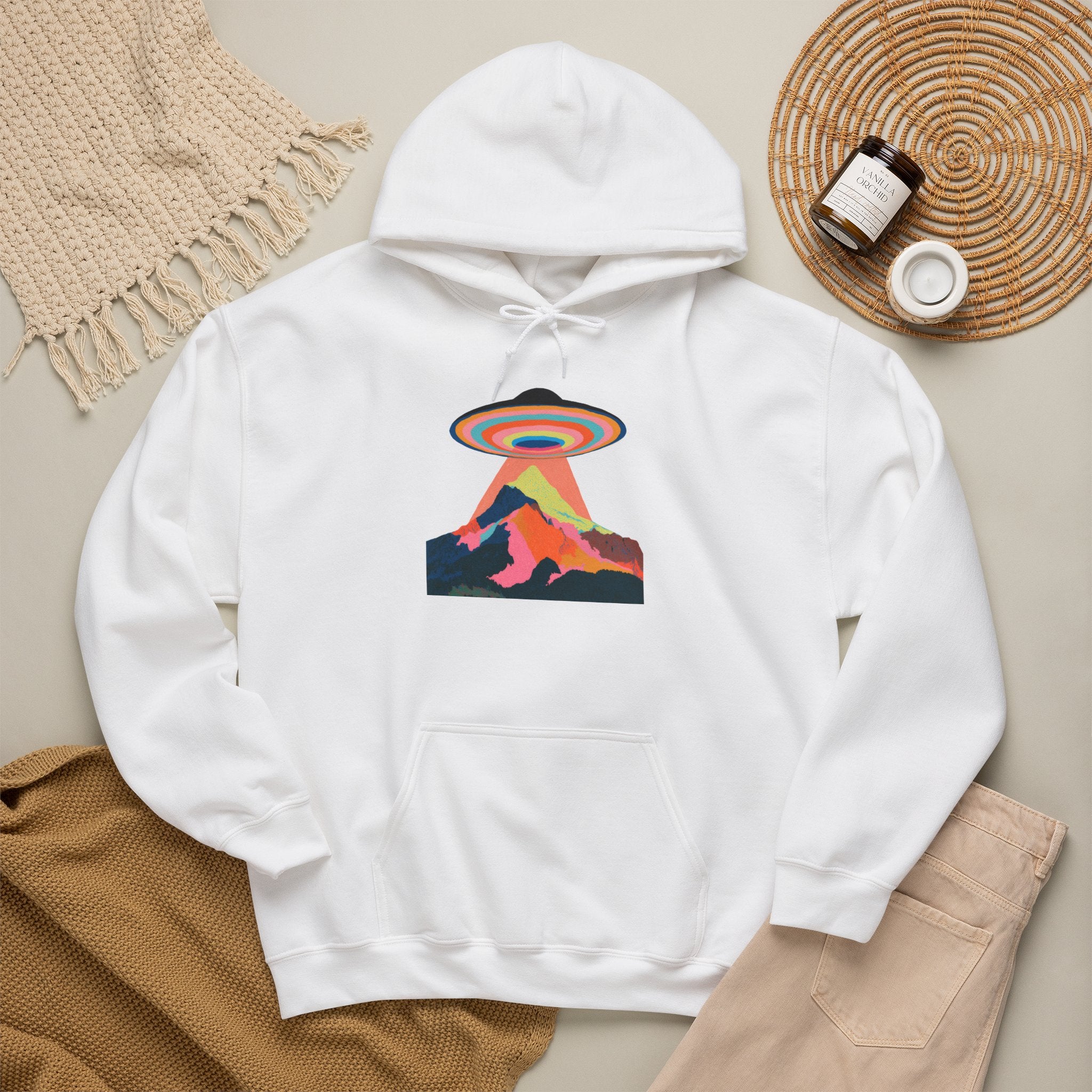 UFO Mountain Hoodie — Retro Rainbow Alien Abduction Graphic